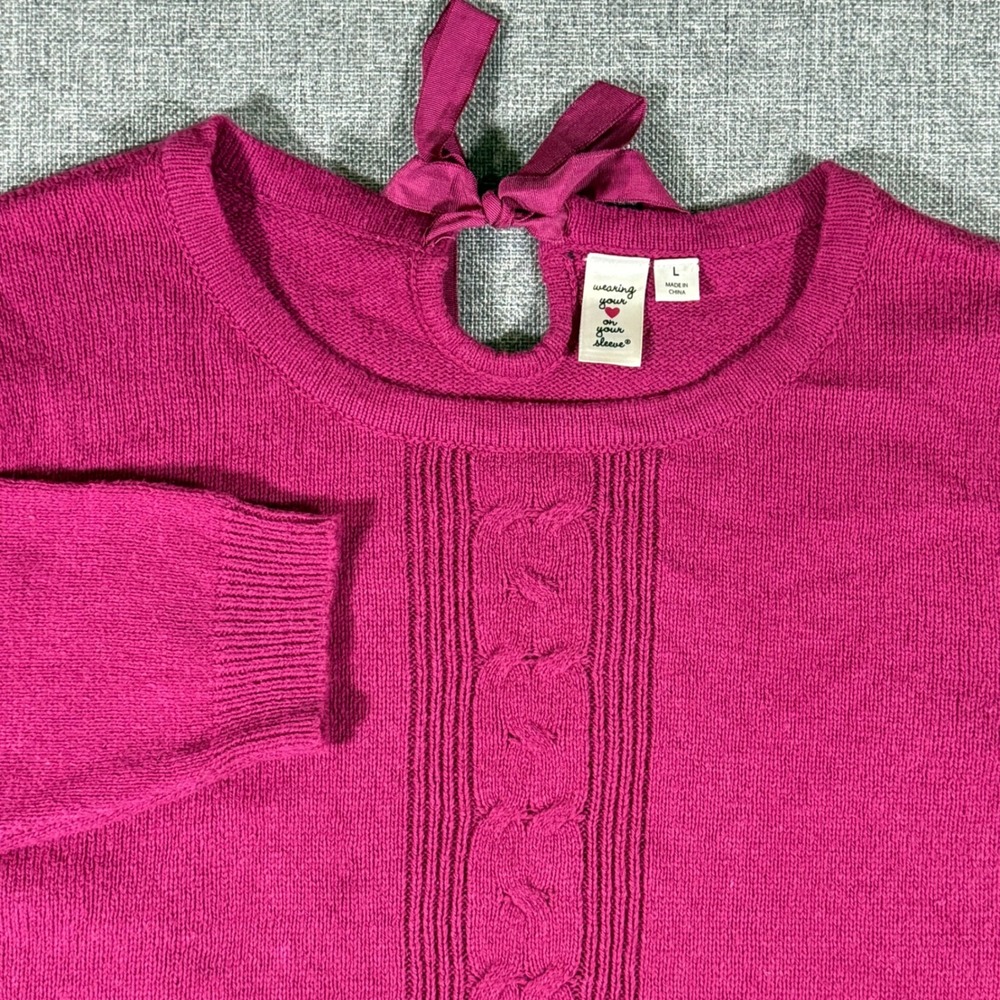 Wearing Your Heart On Your Sleeve Sweater Womens L Pink Ribbon Back Coquette